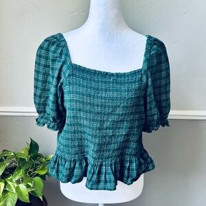 J. Crew Green Puff Sleeve Blouse with Ruffled Smocked Details